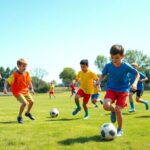 Meninos jogando futebol em um campo verde.